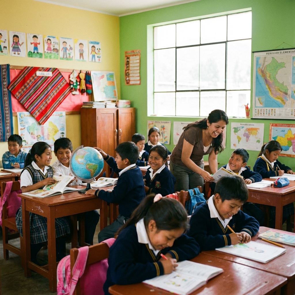 Docente feliz con estudiantes en aula peruana
